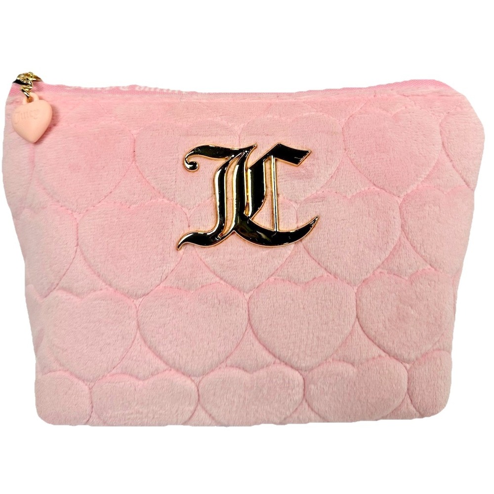 Juicy Couture Pink Heart Quilted Cosmetic Bag JC Logo Velvet Makeup Pouch NWT